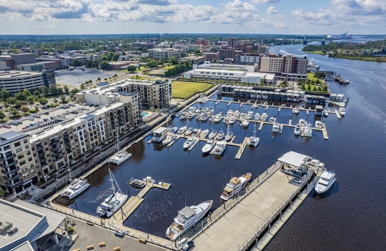 Aerial view of Port City Marina and the Wilmington, NC riverfront developed by Zephyr Development Company